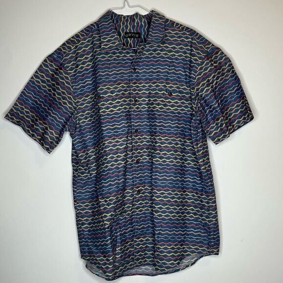 Orvis Navy-Yellow-Red Graphic Patterned Short Sleeve Button Down Shirt Size XL - Picture 5 of 7